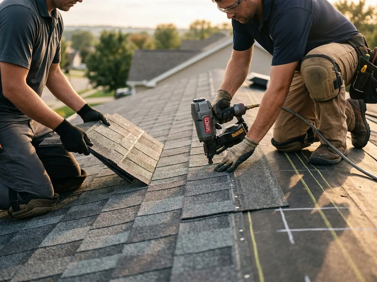 Professional roofer working on a residential roof in Prairie Ridge